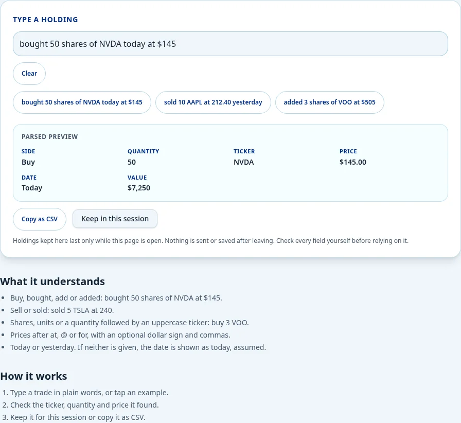 My Finance Friend trade input and structured preview