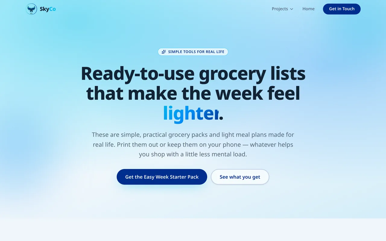 SkyCo Grocery Packs home screen with the Easy Week starter pack