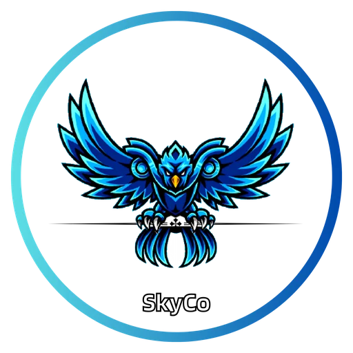 SkyCo brand mark: a bird inside a glowing blue ring